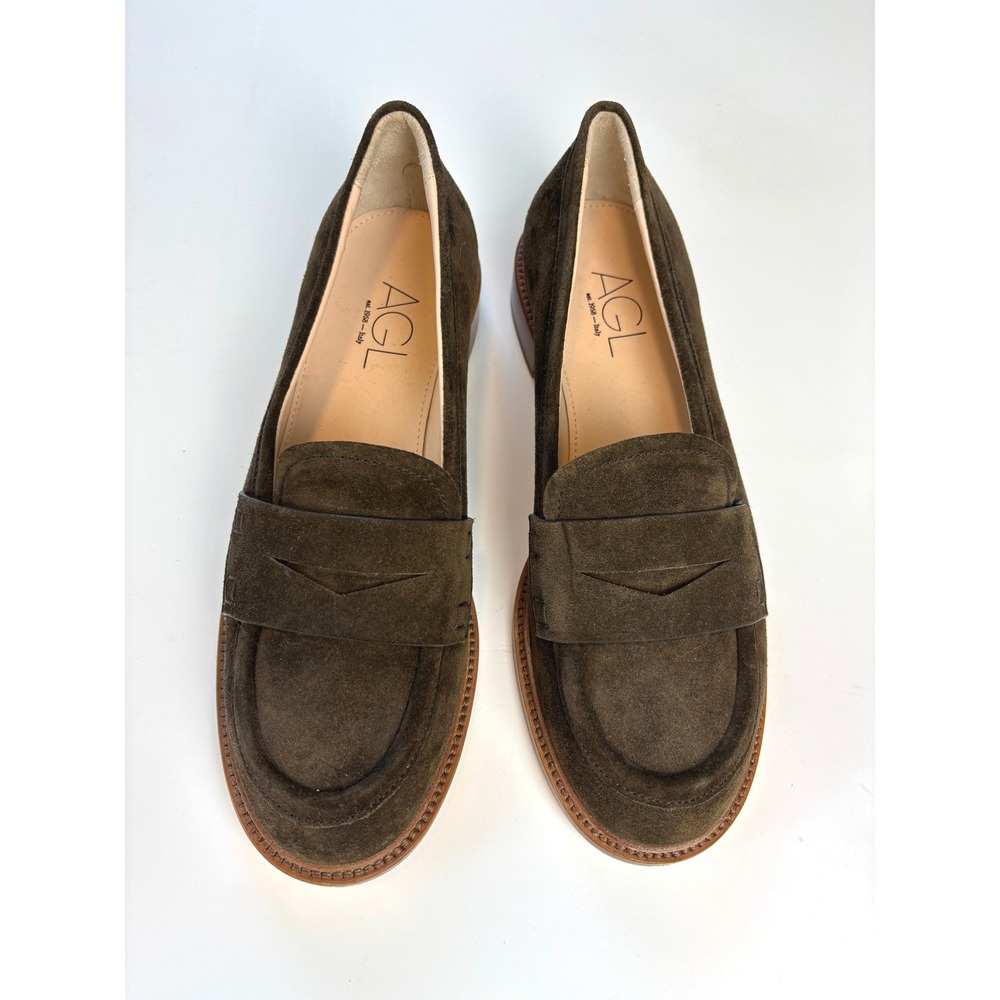 AGL Penny Loafers Olive Brown Women 41 Suede Academia Preppy Quiet Luxury